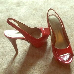 Open toe red heels